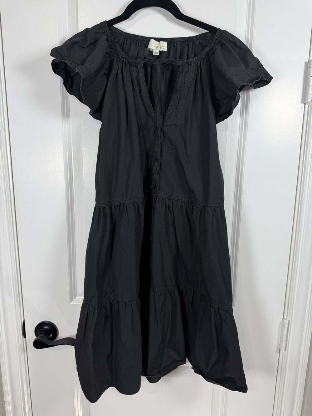 PINCH Black 100% Cotton Tiered Flutter Sleeve Midi Dress